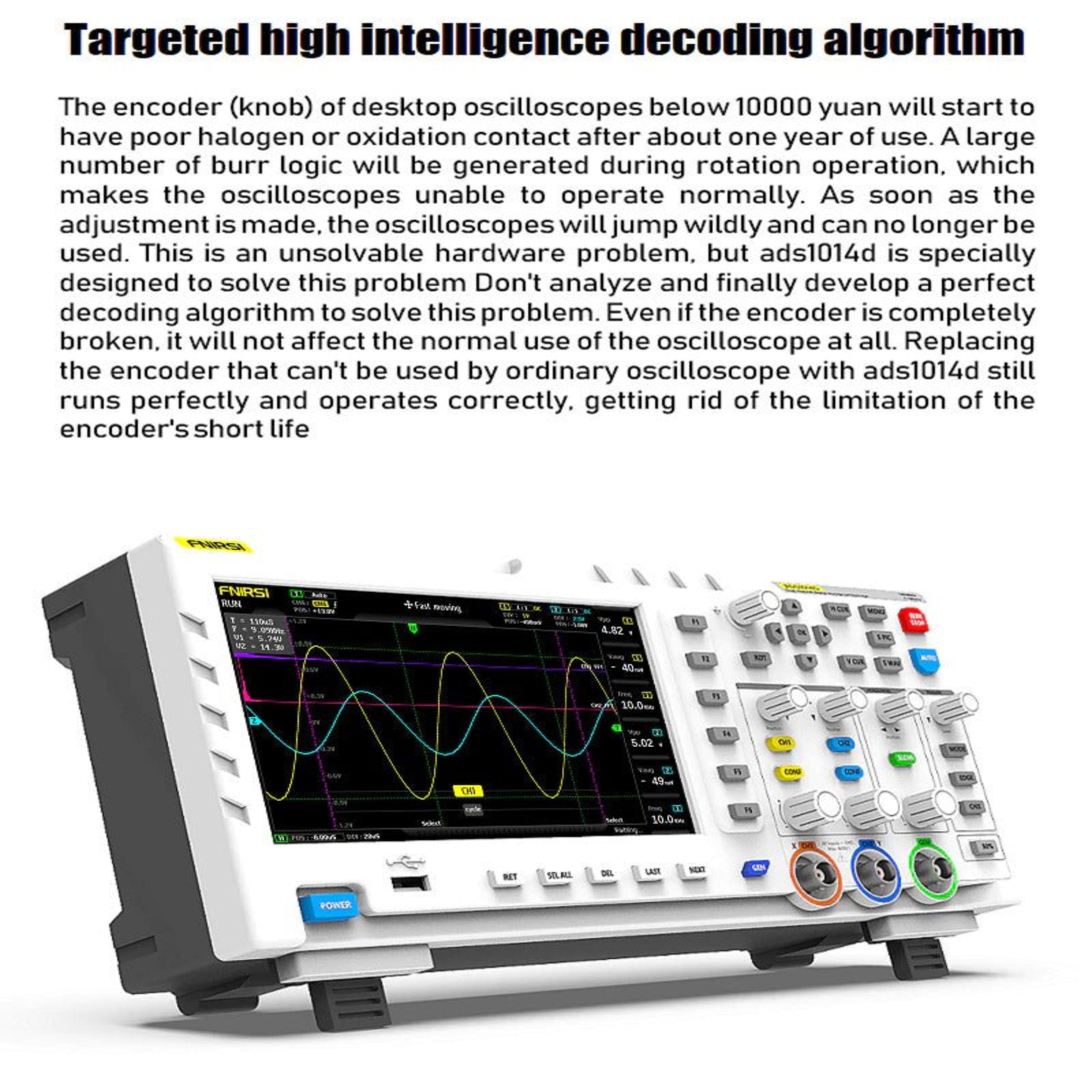 FNIRSI-1014D oscilloscope with advanced decoding algorithm for enhanced performance and reliability.
