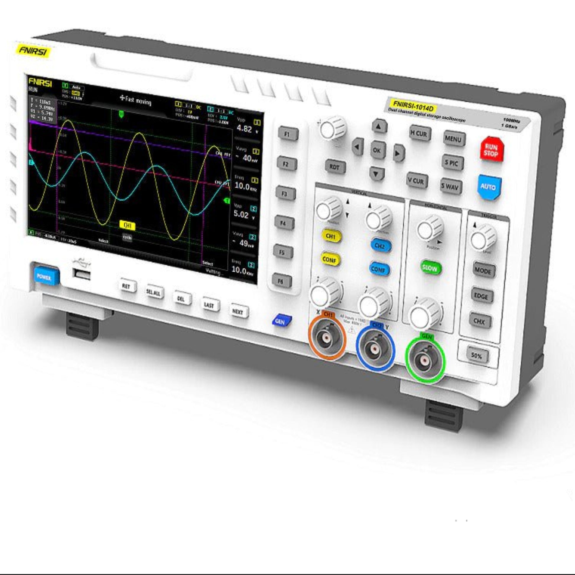 FNIRSI-1014D dual channel oscilloscope with signal generator featuring 7-inch screen and multiple controls.