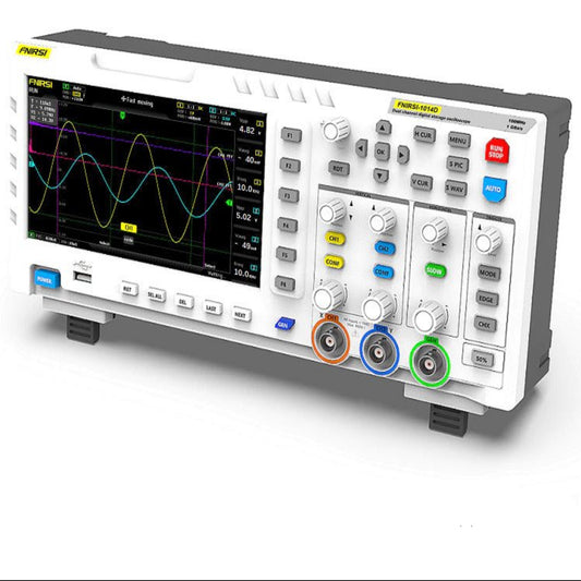 FNIRSI-1014D dual channel oscilloscope with signal generator featuring 7-inch screen and multiple controls.