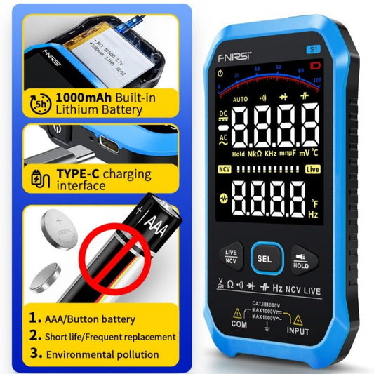 FNIRSI S1 Smart Digital Multimeter with display features, Type-C charging, and built-in battery.