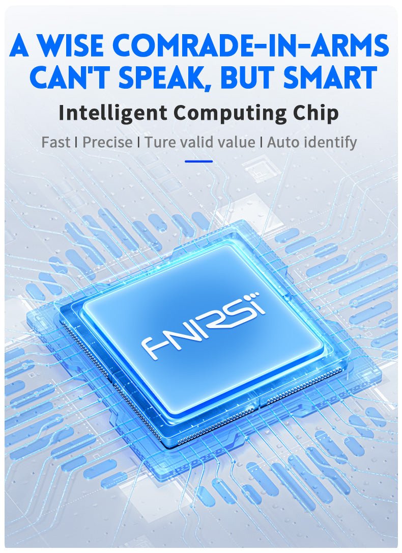 FNIRSI intelligent computing chip showcasing precision and fast performance for smart multimeter technology.