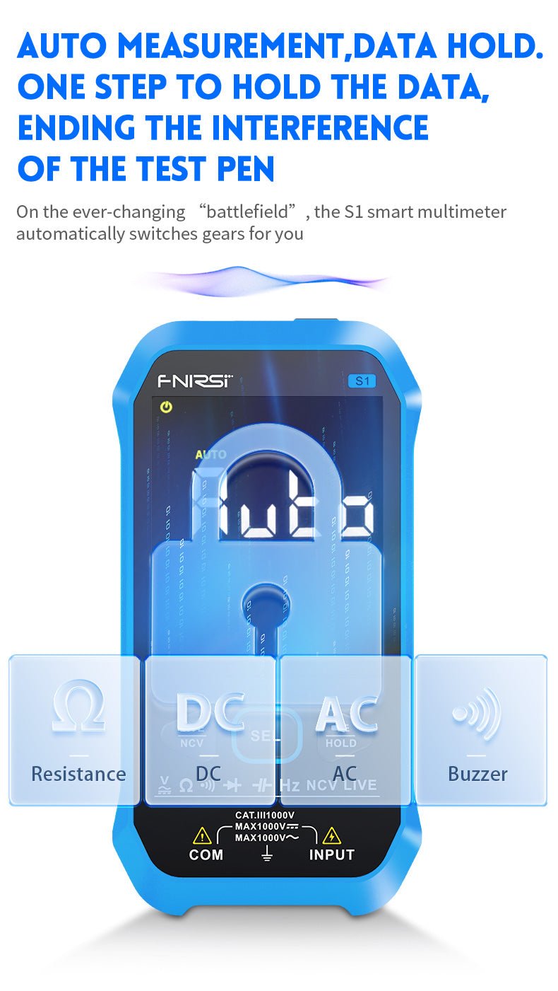 FNIRSI S1 Smart Digital Multimeter display showing auto measurement, data hold, and mode selection options.
