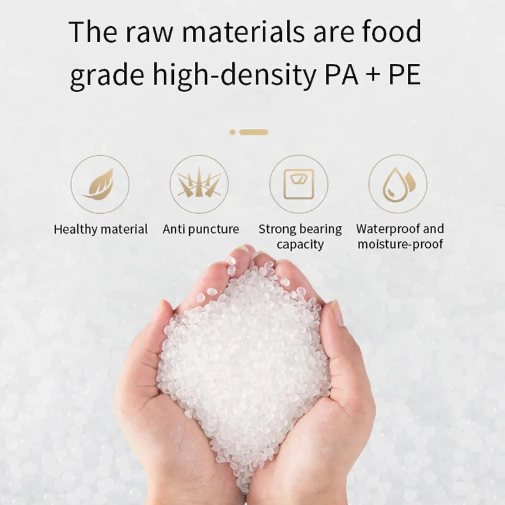 Hands holding food-grade high-density PA+PE materials for vacuum sealer bags, highlighting health, durability, and moisture-proof features.