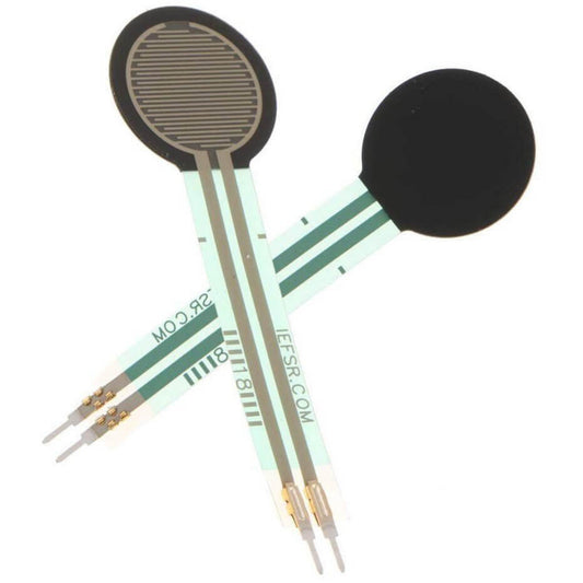 FSR402 sensitive resistor image showing a 0.5 inch force sensing pressure sensor with two connector leads.