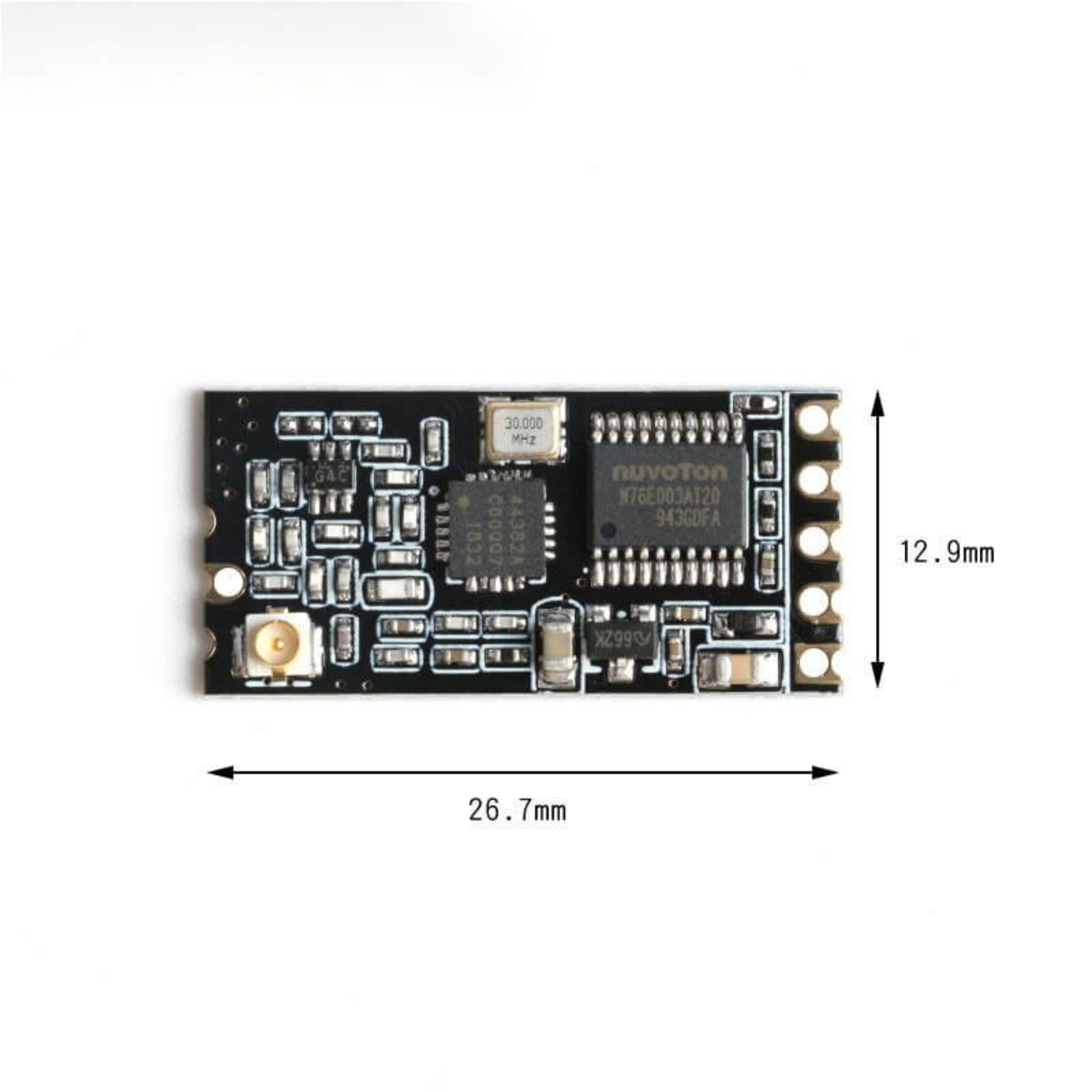 Top view of the compact GT-38 RF Module PCB showing dimensions (26.7mm x 12.9mm) and embedded SI4438 chipset.