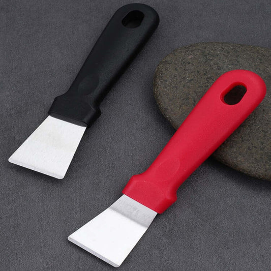 Stainless steel hand scrapers with black and red handles, ideal for kitchen and freezer cleaning.