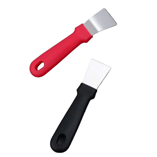 Stainless steel hand scraper set featuring red and black handles on a textured surface, ideal for kitchen and freezer use.