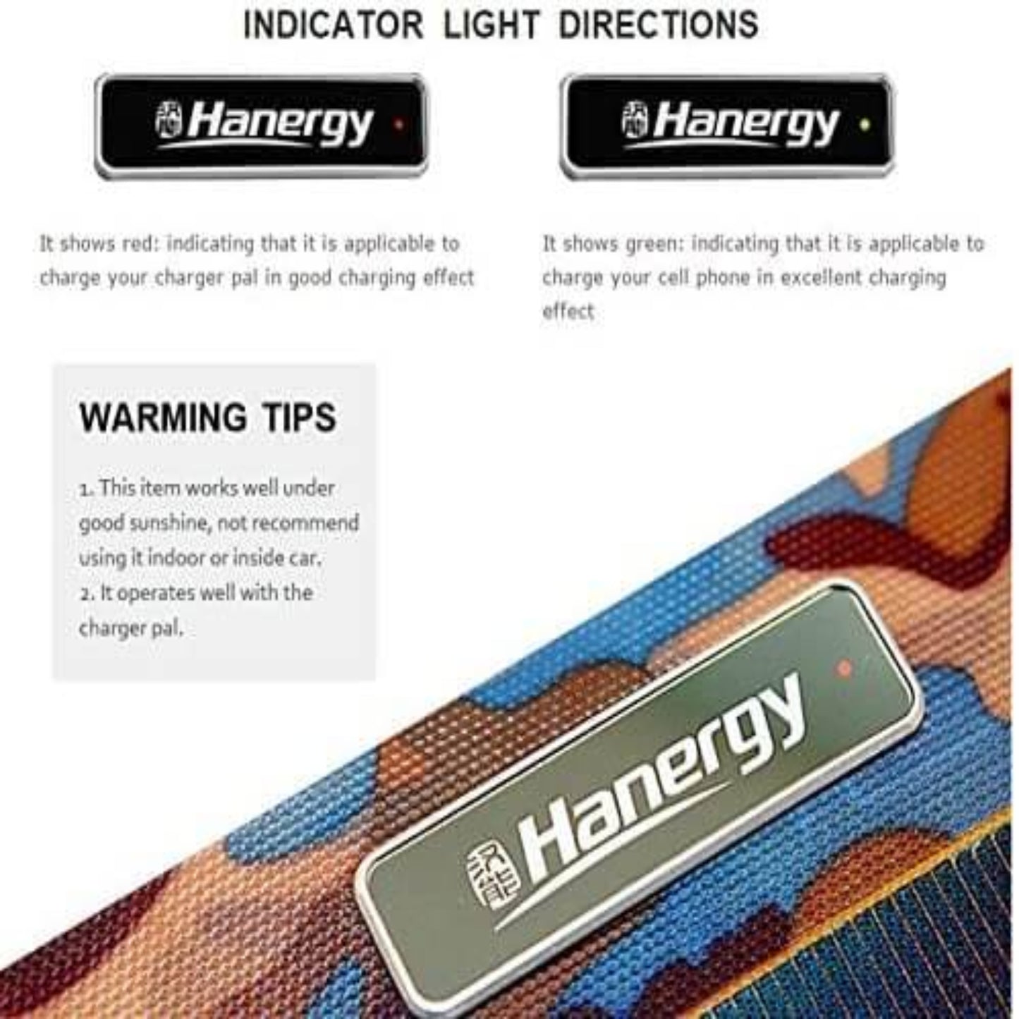 Indicator light directions for the Hanergy solar panel: Red for good charging (power bank) and Green for excellent charging (cell phone).