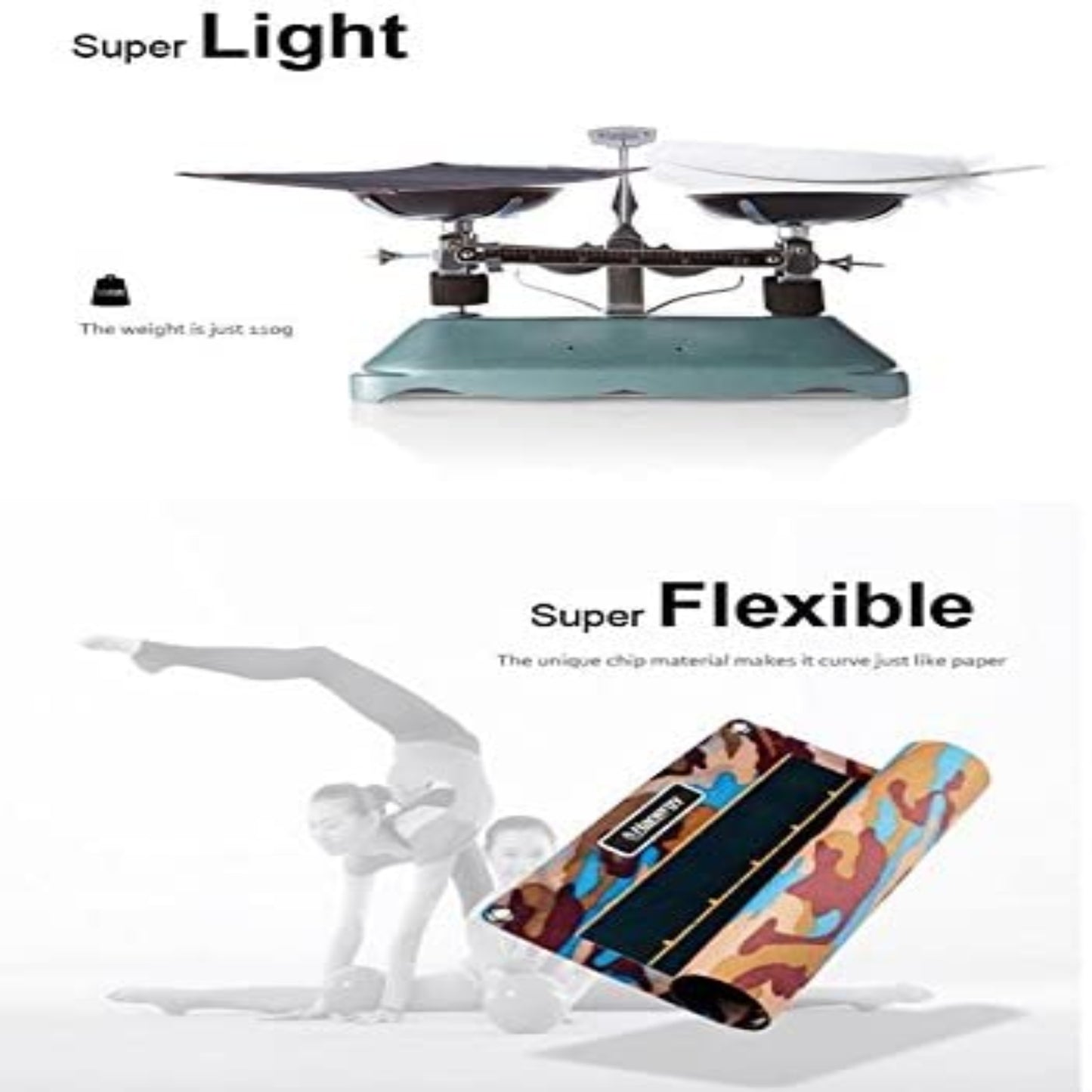 A collage showing the 110g Hanergy solar panel being lighter than a feather on a scale and flexing like paper.