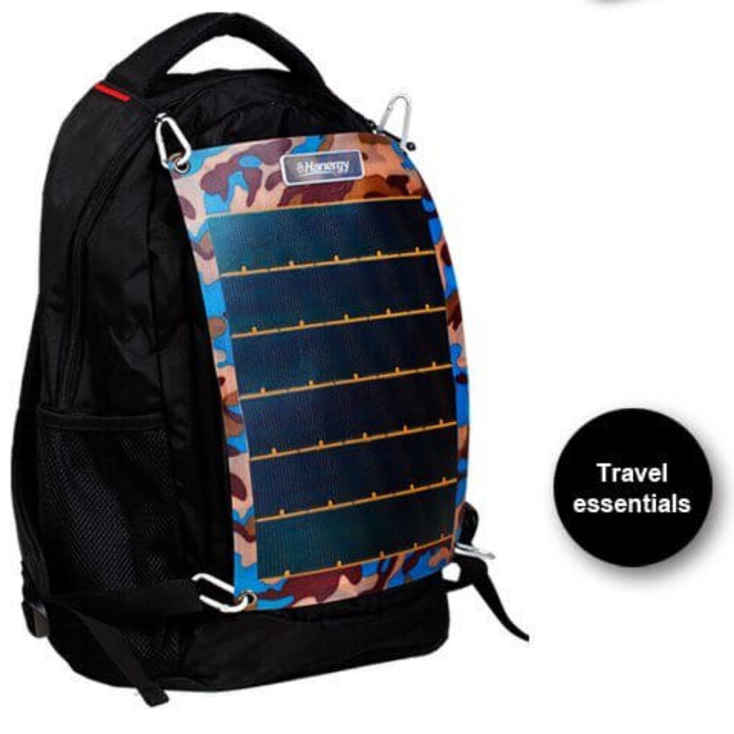 Hanergy 7.7W camouflage solar panel attached to a black backpack, labeled 'Travel essentials'.