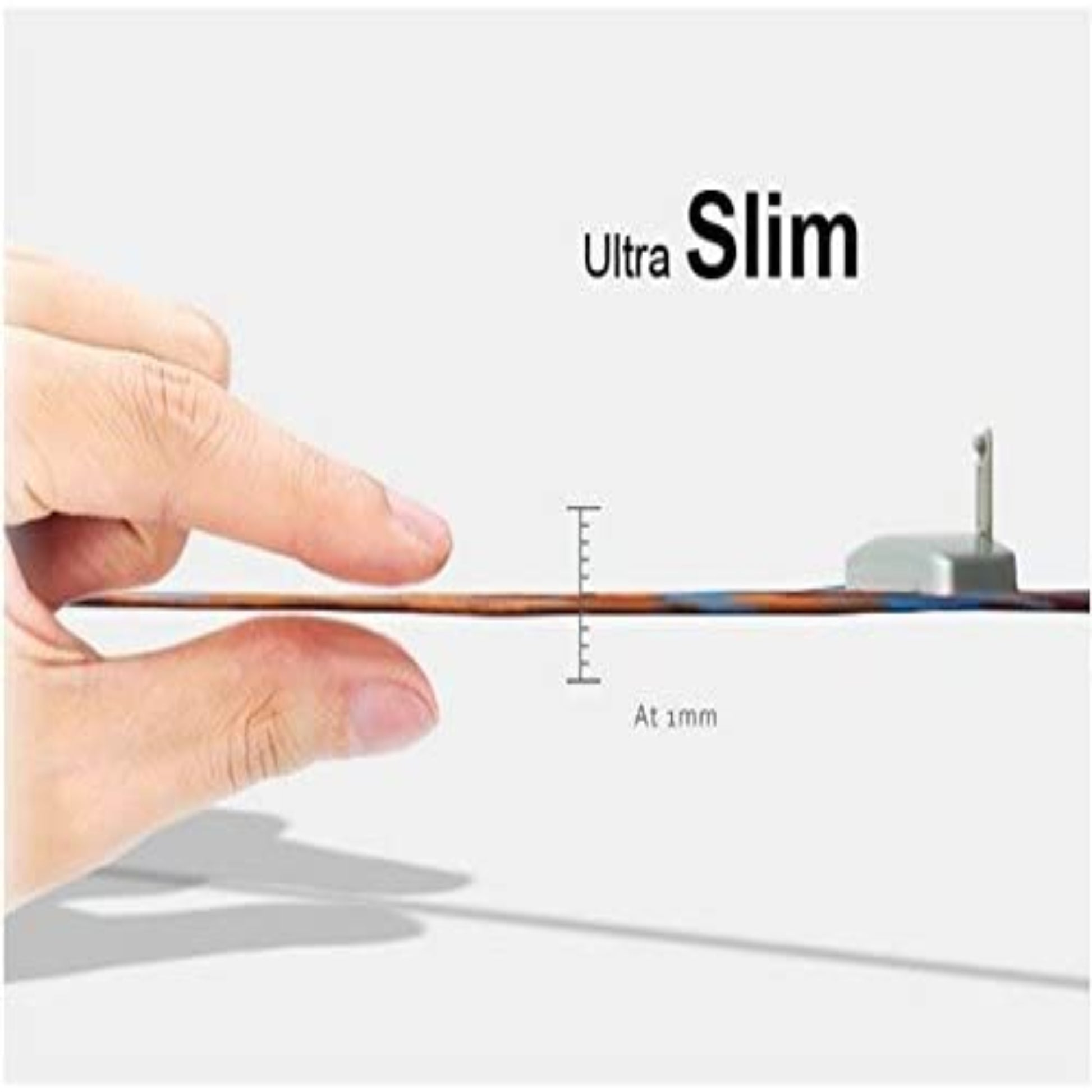 A close-up side view of the Hanergy solar panel, showing its ultra-slim 1mm thickness next to a finger.