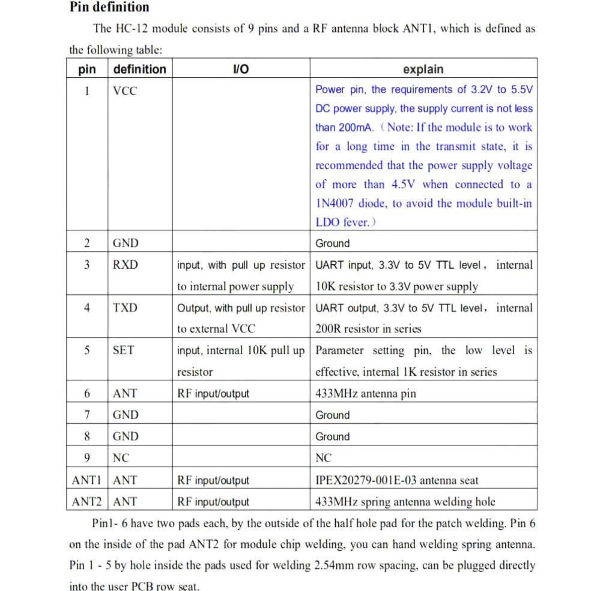 HC-12 433Mhz wireless serial module pinout diagram and electrical specifications for easy integration.