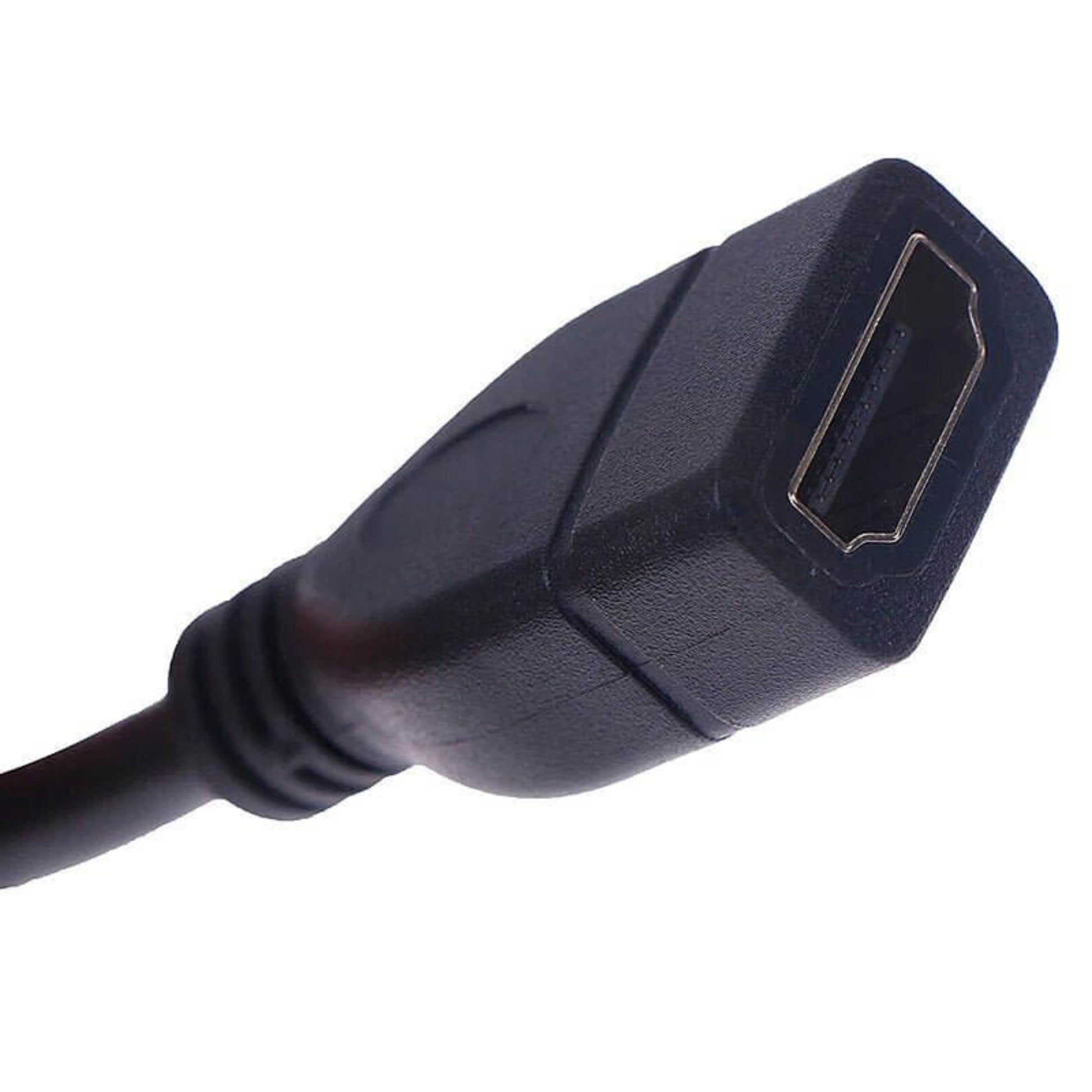 Close-up of a black HDMI v1.4 female connector end of a 30cm extension cable, suitable for audio and video connections.