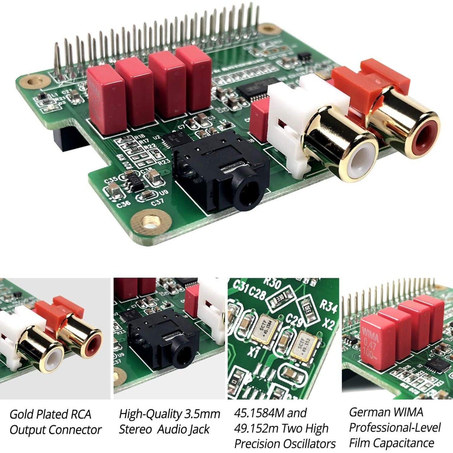 Raspberry Pi HiFi DAC expansion board with gold RCA output, stereo audio jack, and high precision oscillators.