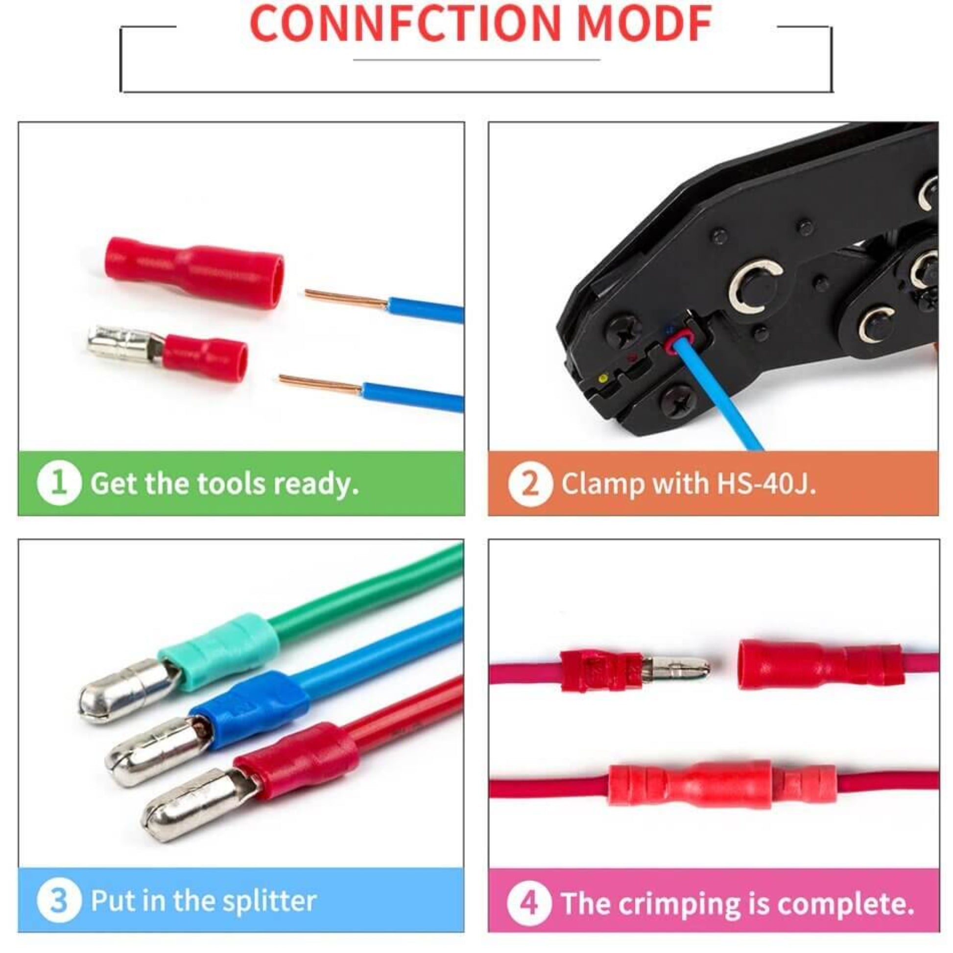 Step-by-step guide for connecting insulated bullet connectors using crimping tools.