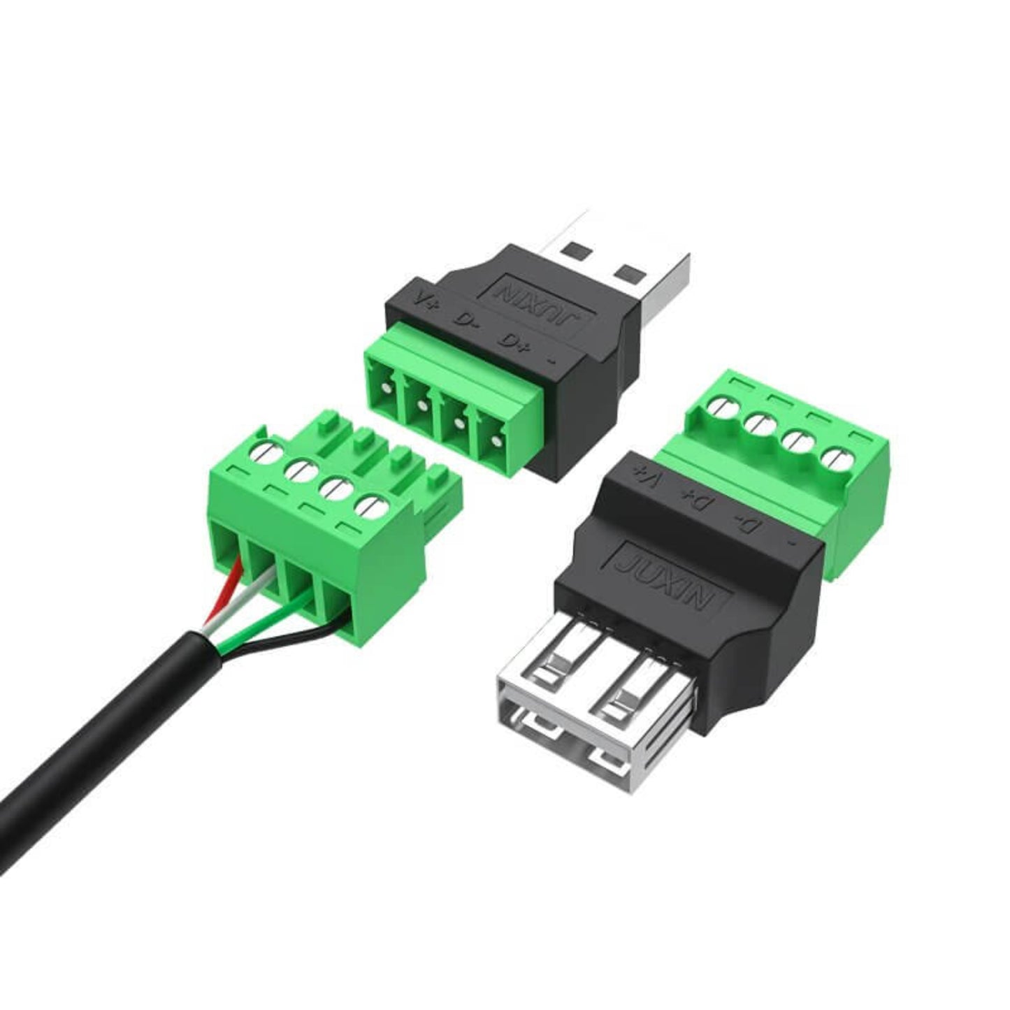 USB to 4-pin screw connector adapter with green terminal blocks for secure connection