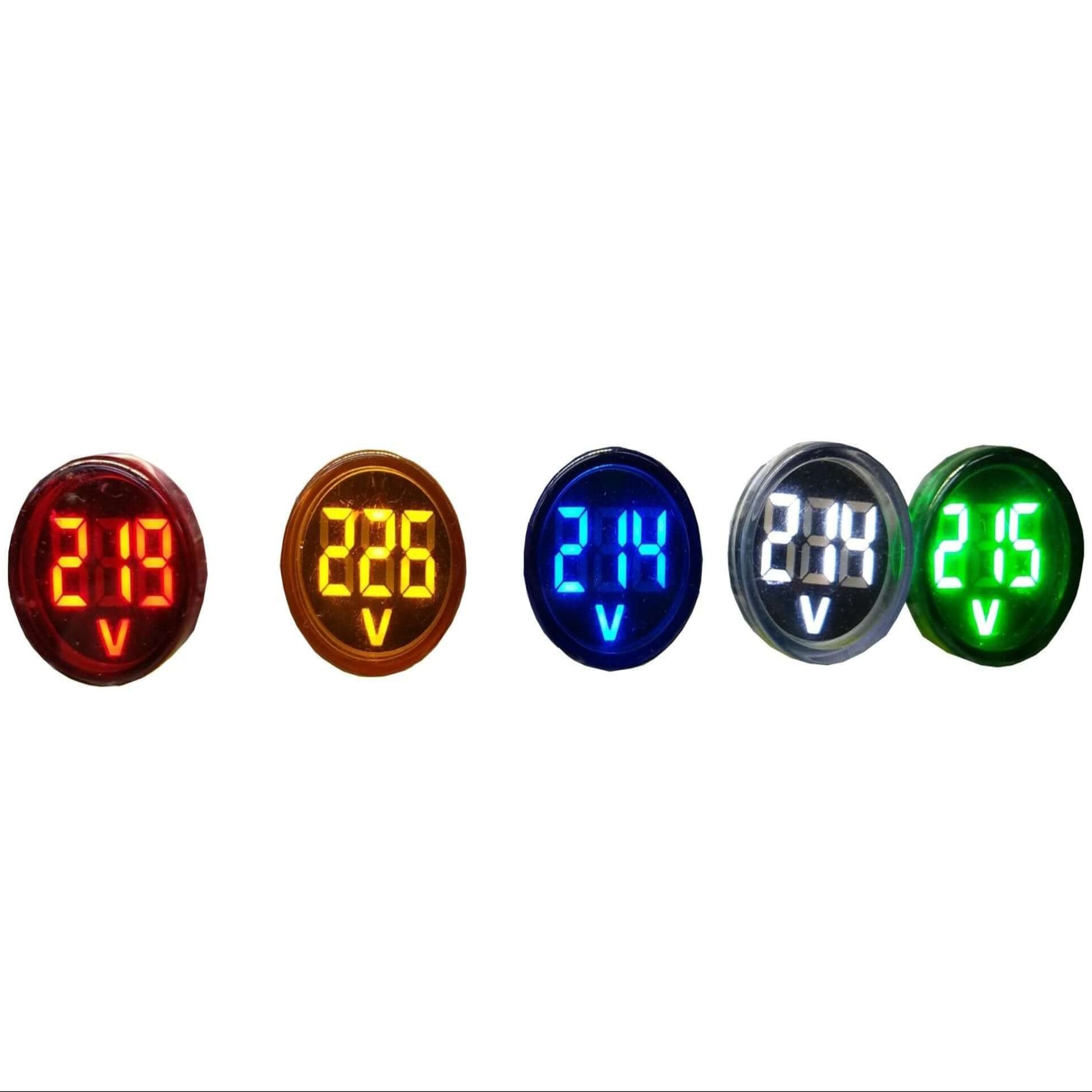 LED Digital Mini Voltmeter display showing voltage readings in red, orange, blue, white, and green colors.