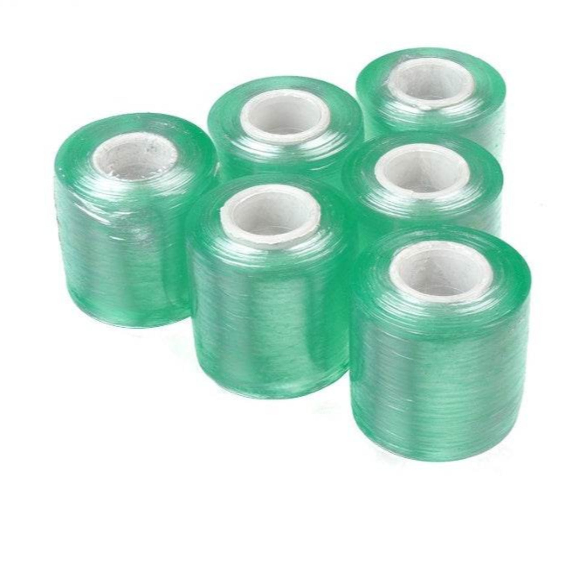 Six rolls of transparent PVC stretch wrap packing film, ideal for durable industrial sealing and winding.