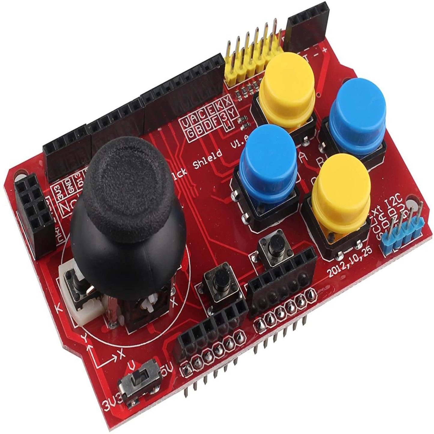 Arduino JoyStick Shield with yellow and blue button caps installed, ideal for game controller function and mouse simulation.