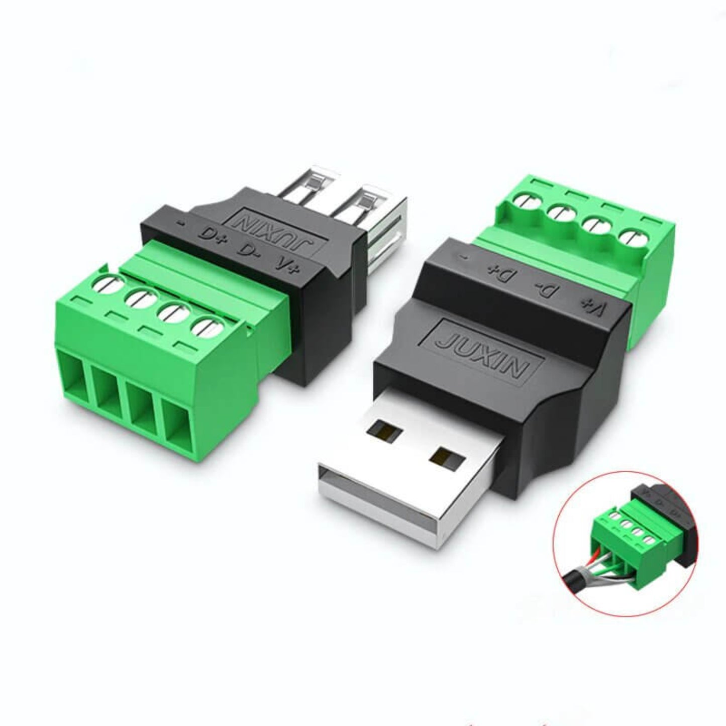 USB to 4-pin screw connector adapter, Type A male and female, portable and convenient for various electronics.