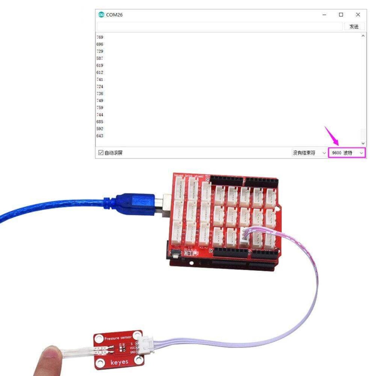 KEYES 0-5kg Thin Film Pressure Sensor Module connected to shield, showing pressure readings on the Arduino serial monitor (9600 baud).