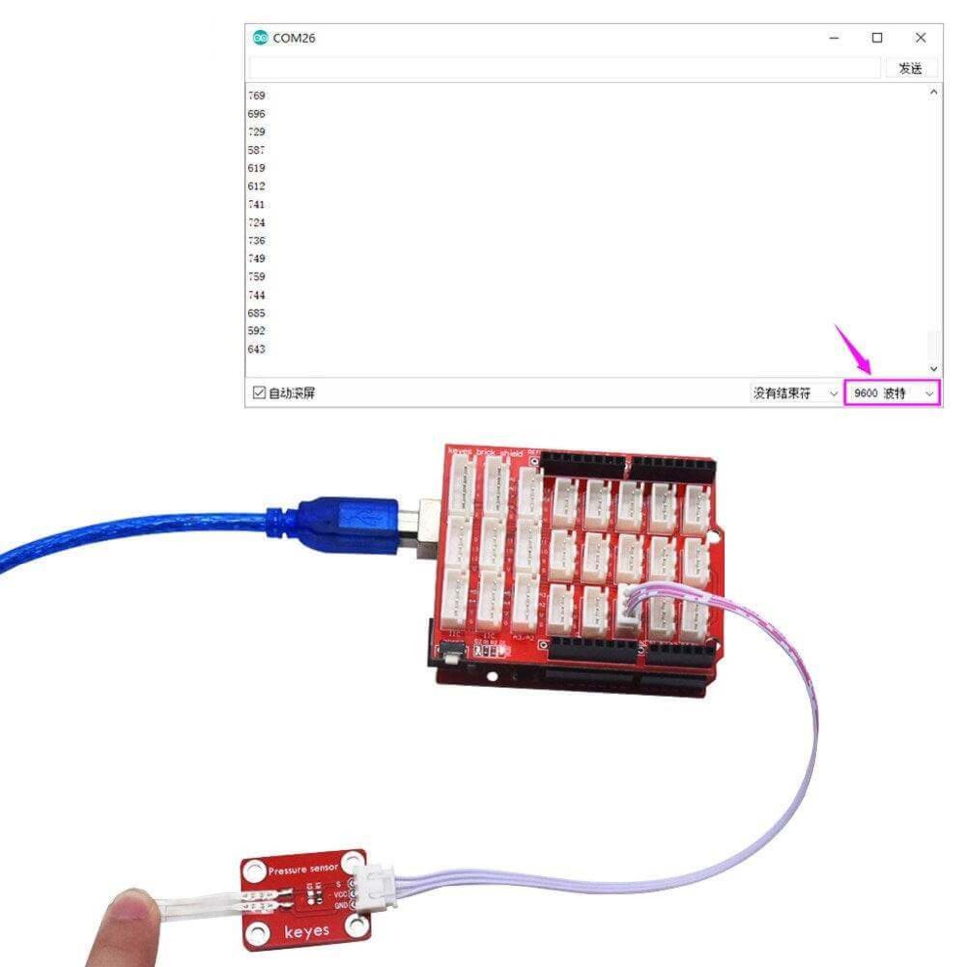 KEYES 0-5kg Thin Film Pressure Sensor Module connected to shield, showing pressure readings on the Arduino serial monitor (9600 baud).