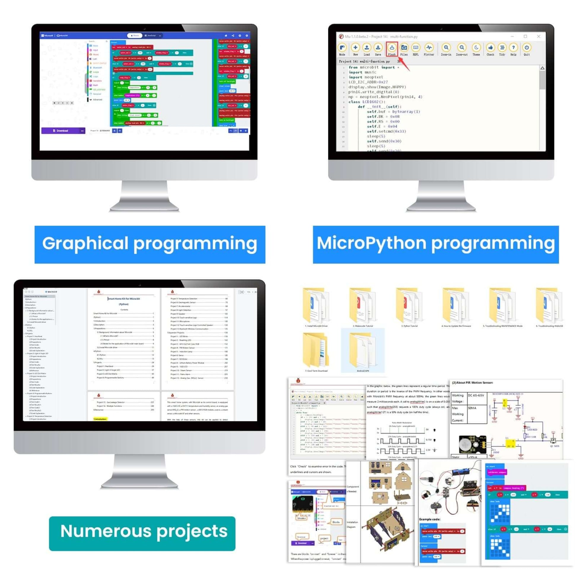 Screens displaying graphical programming, MicroPython coding, and numerous project resources for BBC Micro:bit.