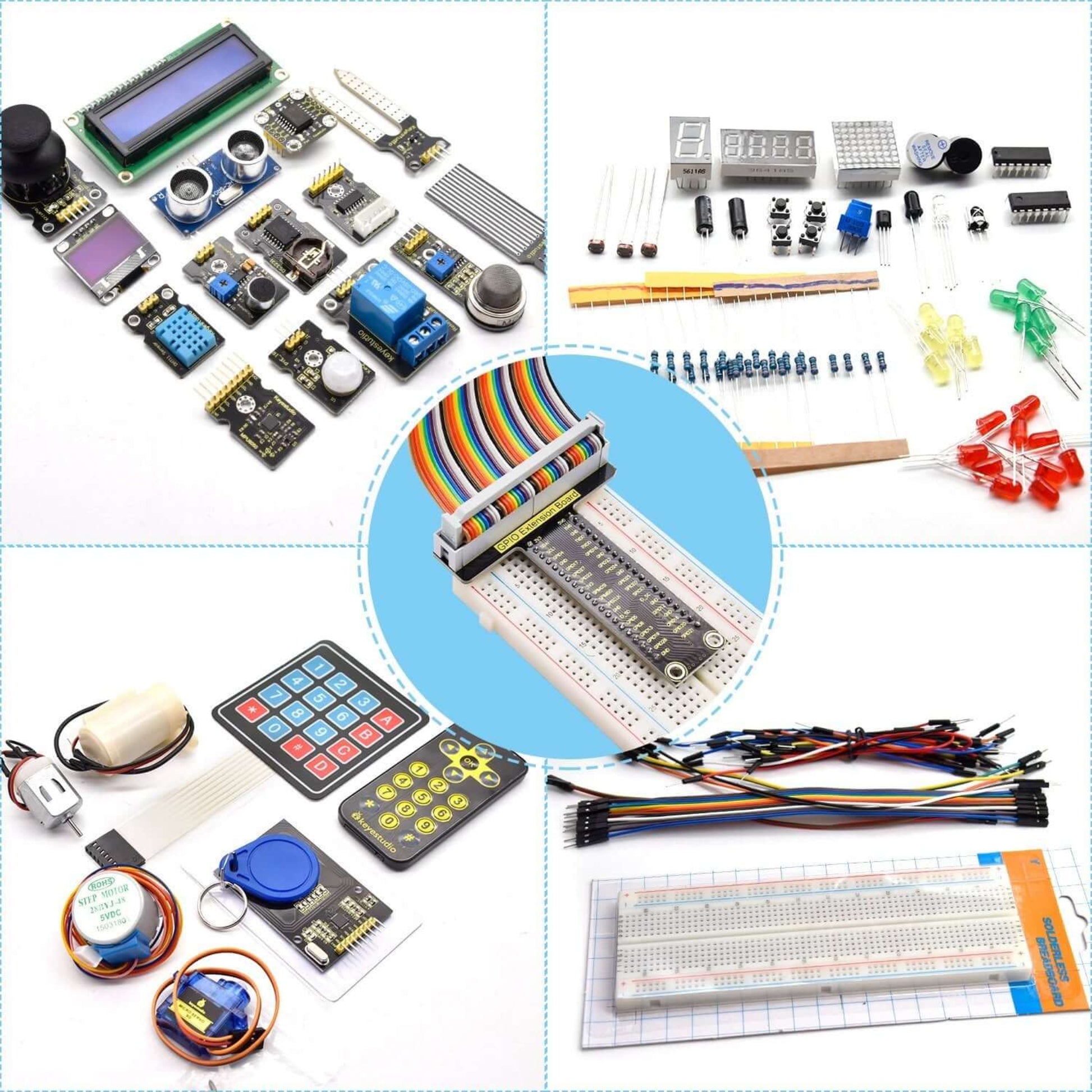 A collage displaying the variety of components in the Keyestudio Raspberry Pi kit, such as the joystick module, LCD, breadboard, and RFID reader.