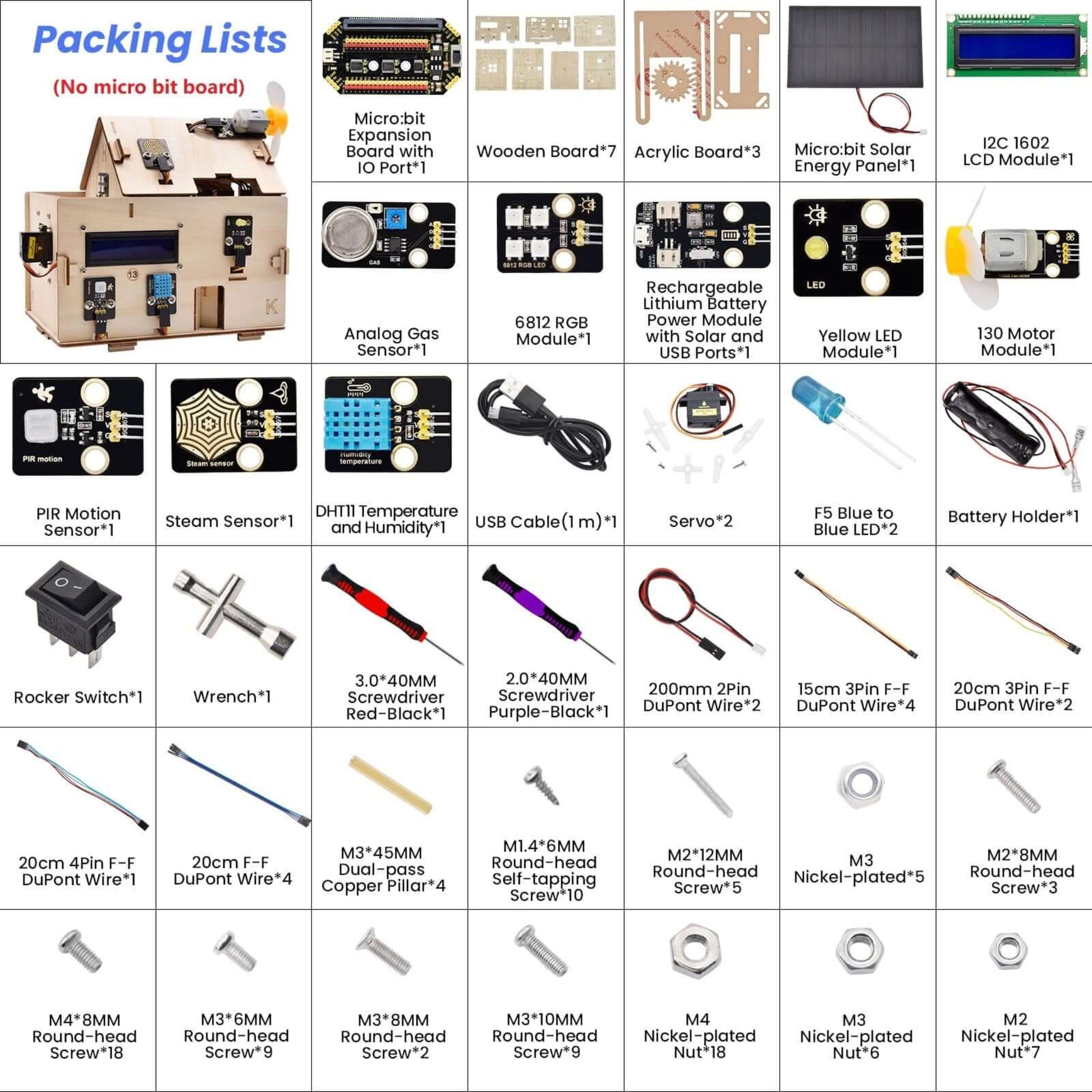 Packing list for Keyestudio Smart Home Starter Kit including sensors, modules, wires, and components for Micro:bit.
