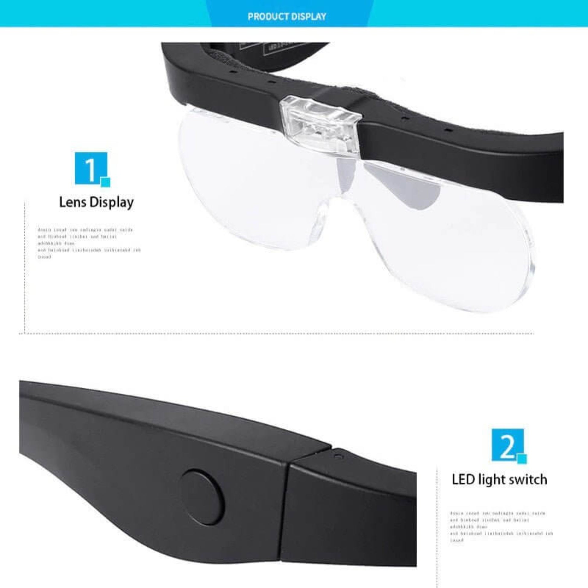 LED rechargeable magnifying glasses with interchangeable lenses and light switch display for easy use.