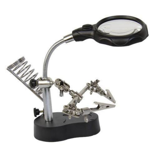 3.5X 12X magnifying glass tool with soldering stand and clips for hands-free electronics work.