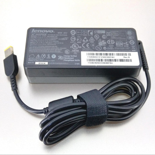 Lenovo 90W AC adapter (20V 4.5A) with power specifications label clearly visible for compatibility check.Limited
