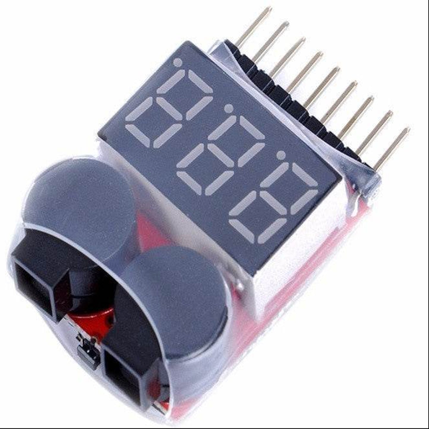 Angled view of the Lipo battery low voltage twin buzzer alarm