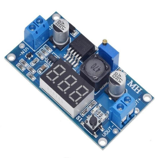Front view of the blue LM2596 DC-DC adjustable step-down module showing the LED voltmeter and terminal blocks.