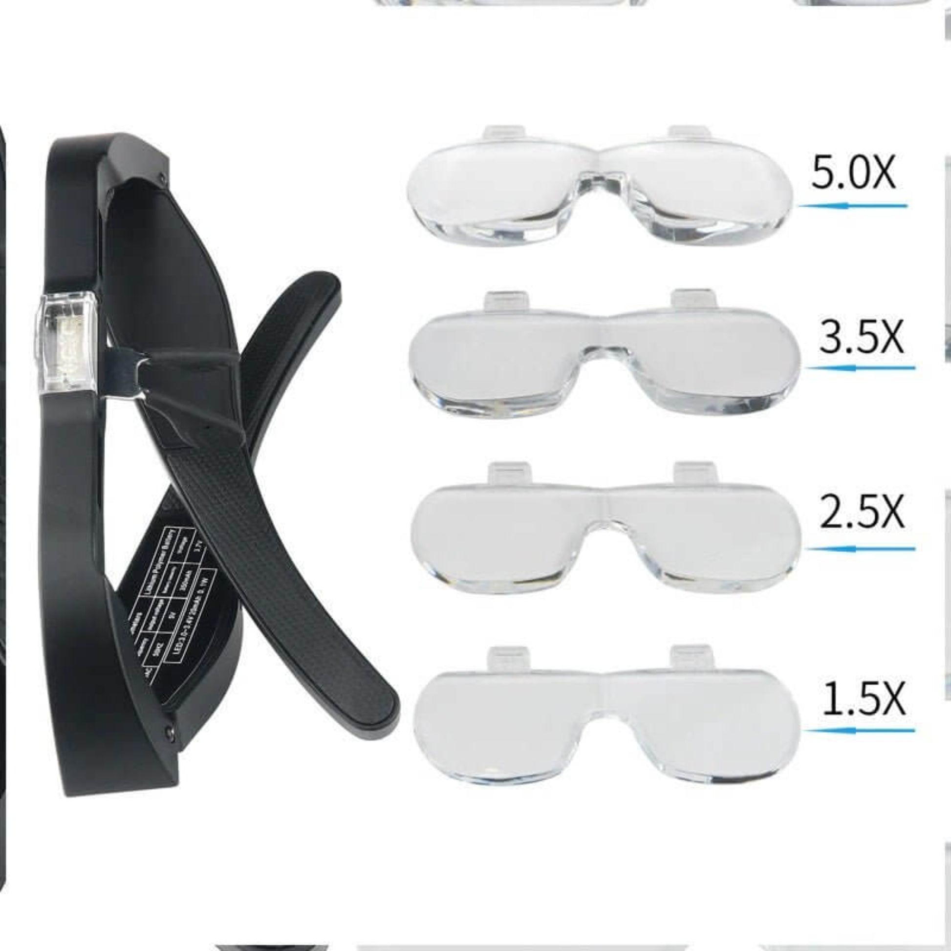 LED rechargeable magnifying glasses with four interchangeable lenses: 1.5X, 2.5X, 3.5X, 5.0X.