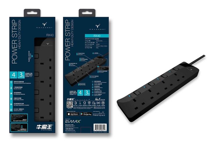 Retail packaging for the Maxpower RX40 4-gang safety power strip.