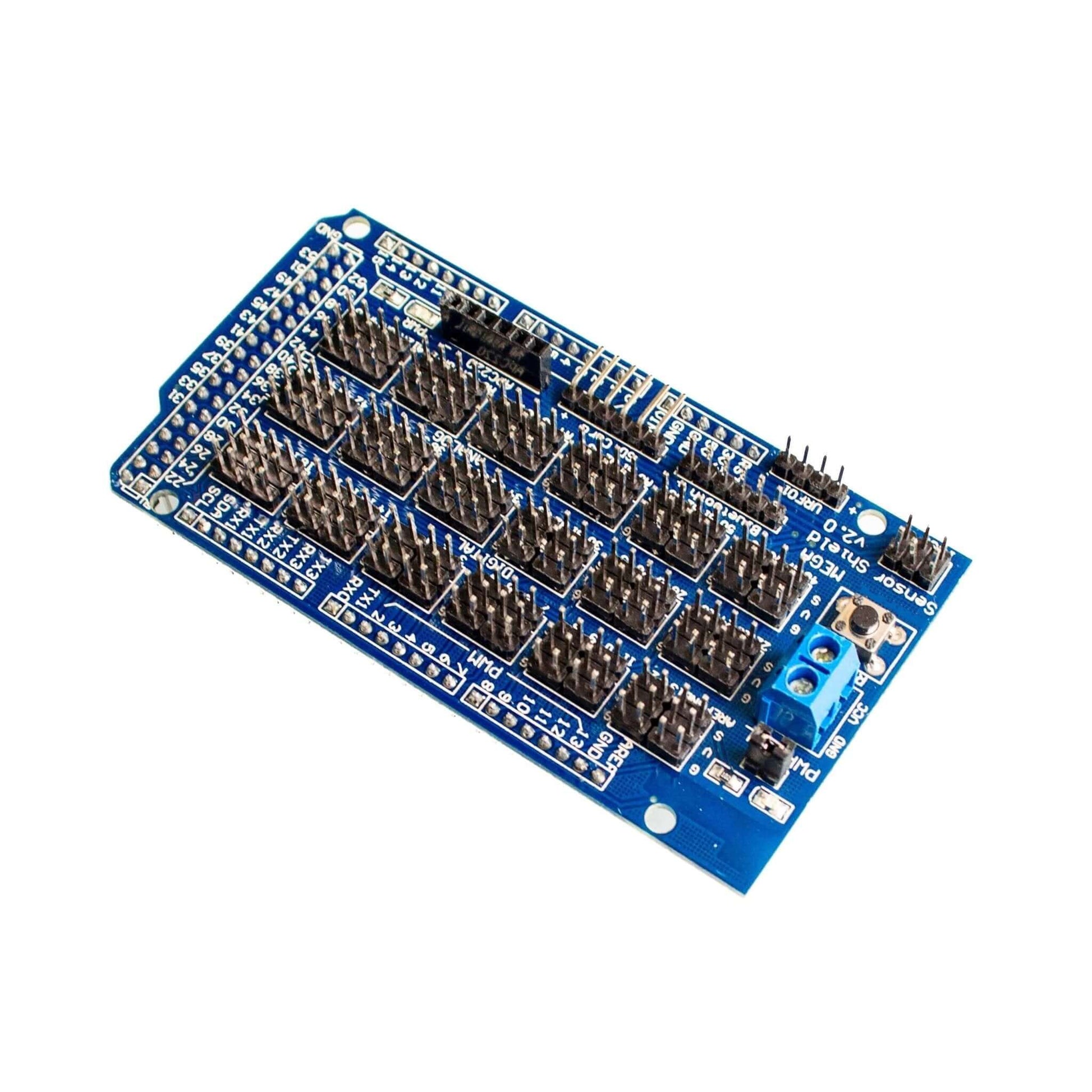 Front view of the Mega2560 Sensor Shield with pin connections for a wide range of electronic components.