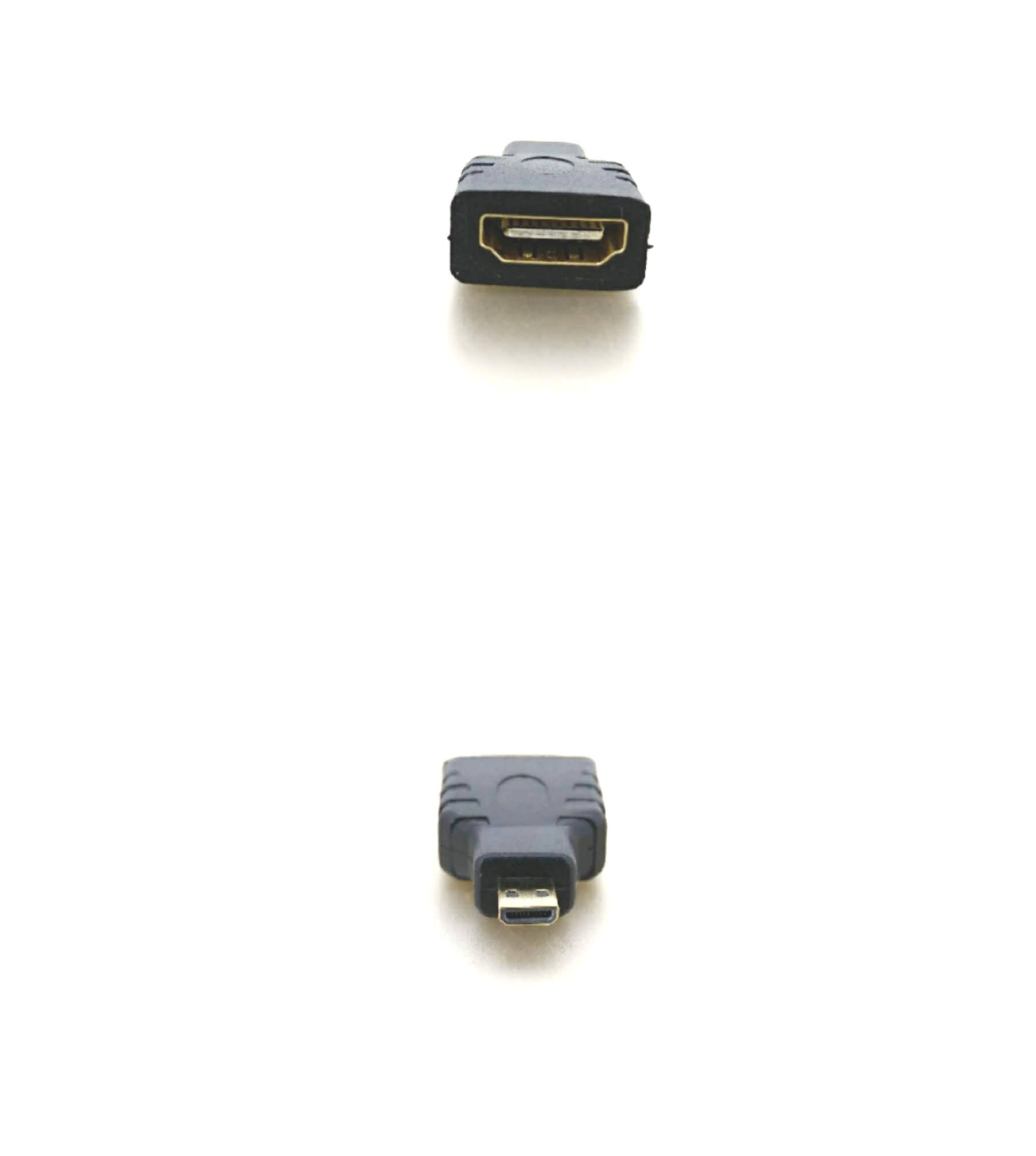 Close-up view of the Micro HDMI (Type D) male and HDMI (Type A) female ports on a black adapter.