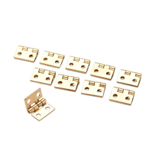 A set of 20 mini cabinet and drawer hinges in copper gold, each with 4 small holes, for crafts and DIY projects.
