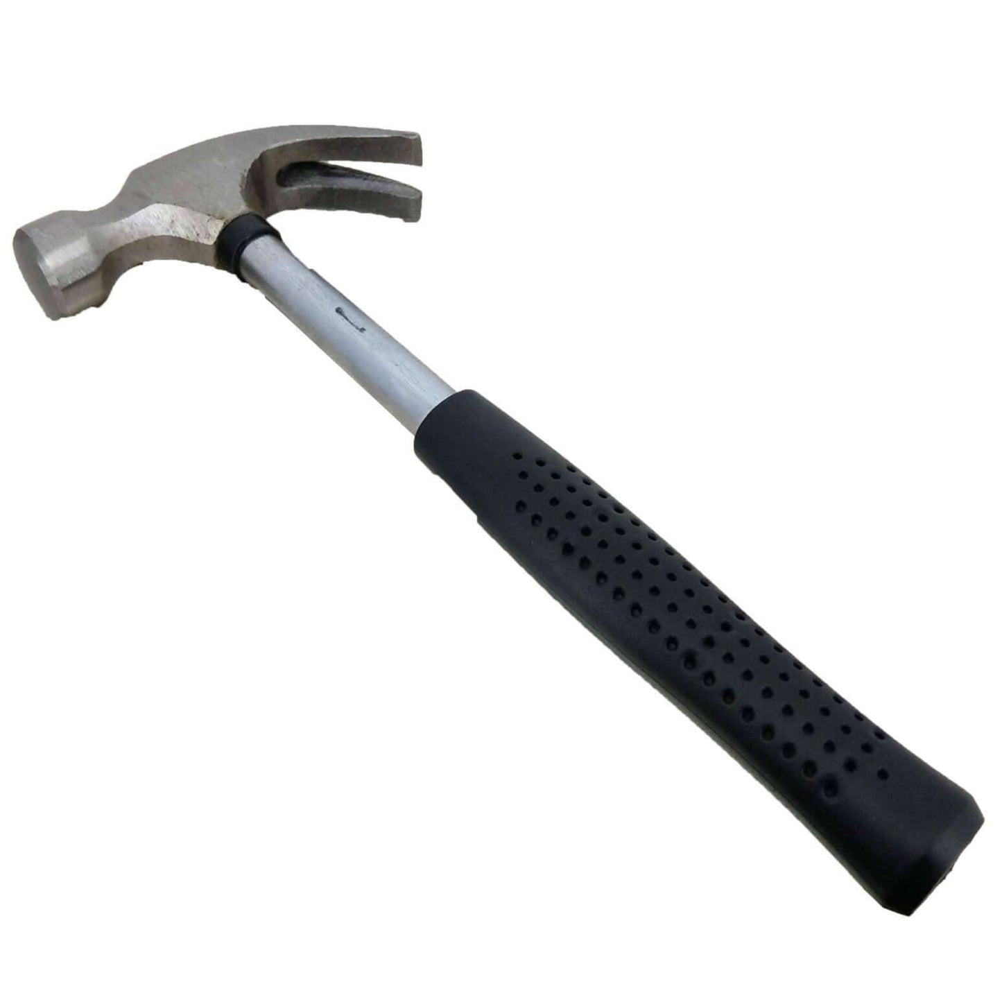 Round head plastic handle claw Mini steel claw hammer with black rubber grip on a white background
