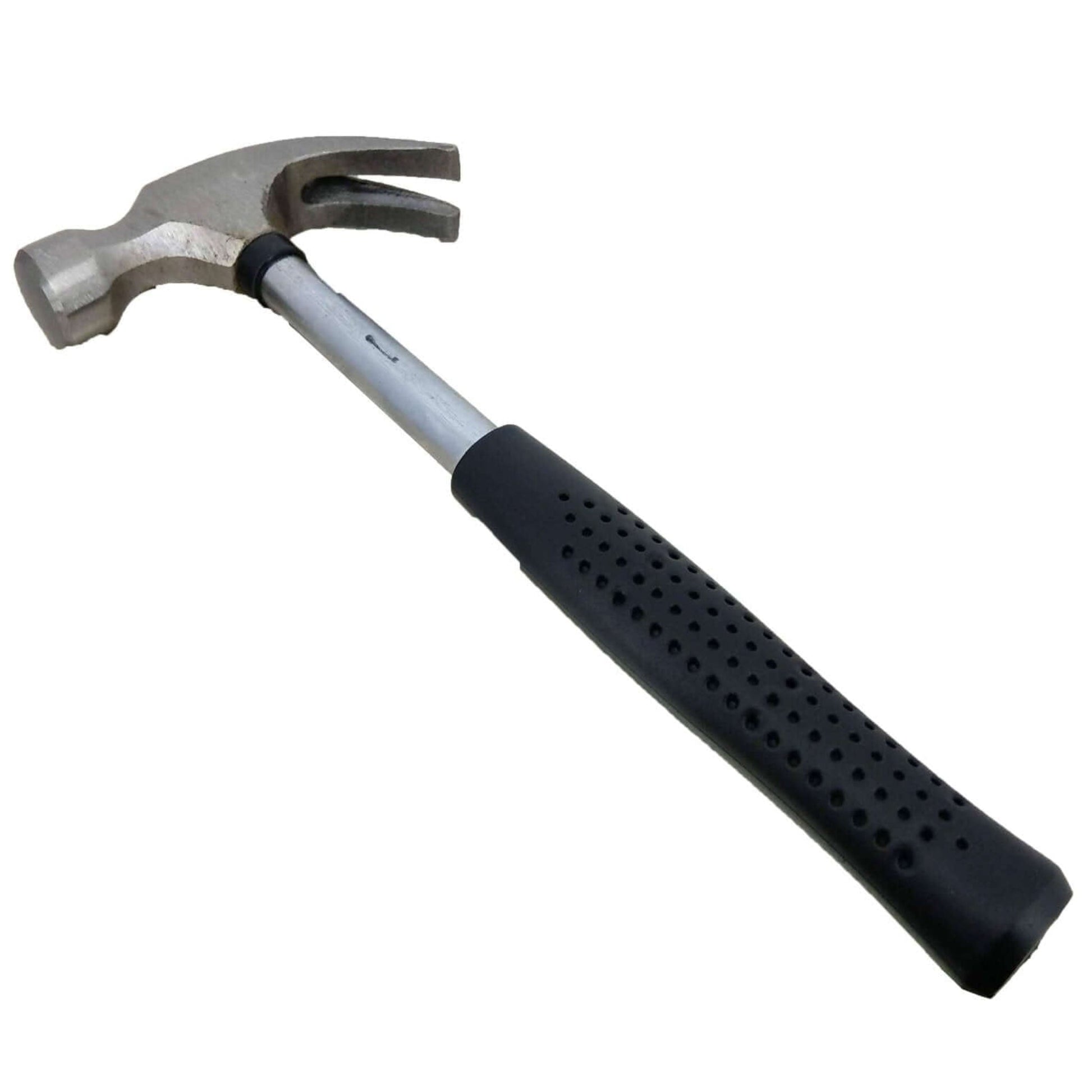 Round head plastic handle claw Mini steel claw hammer with black rubber grip on a white background