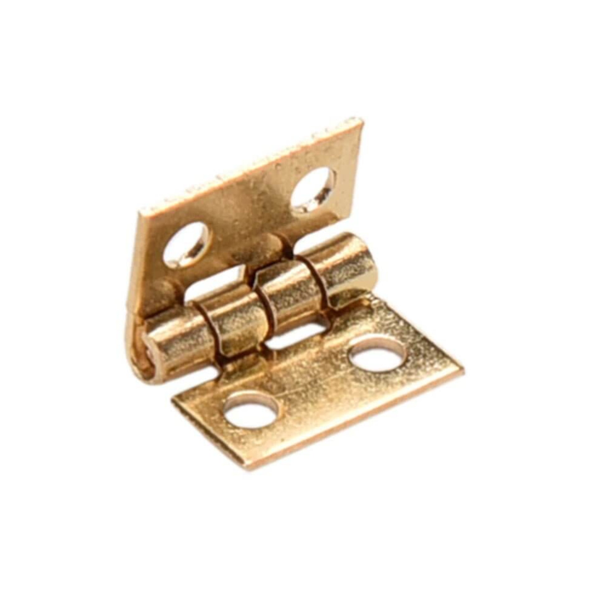 Close-up of a copper gold mini hinge, showing its structure and two screw holes, suitable for small boxes or furniture.