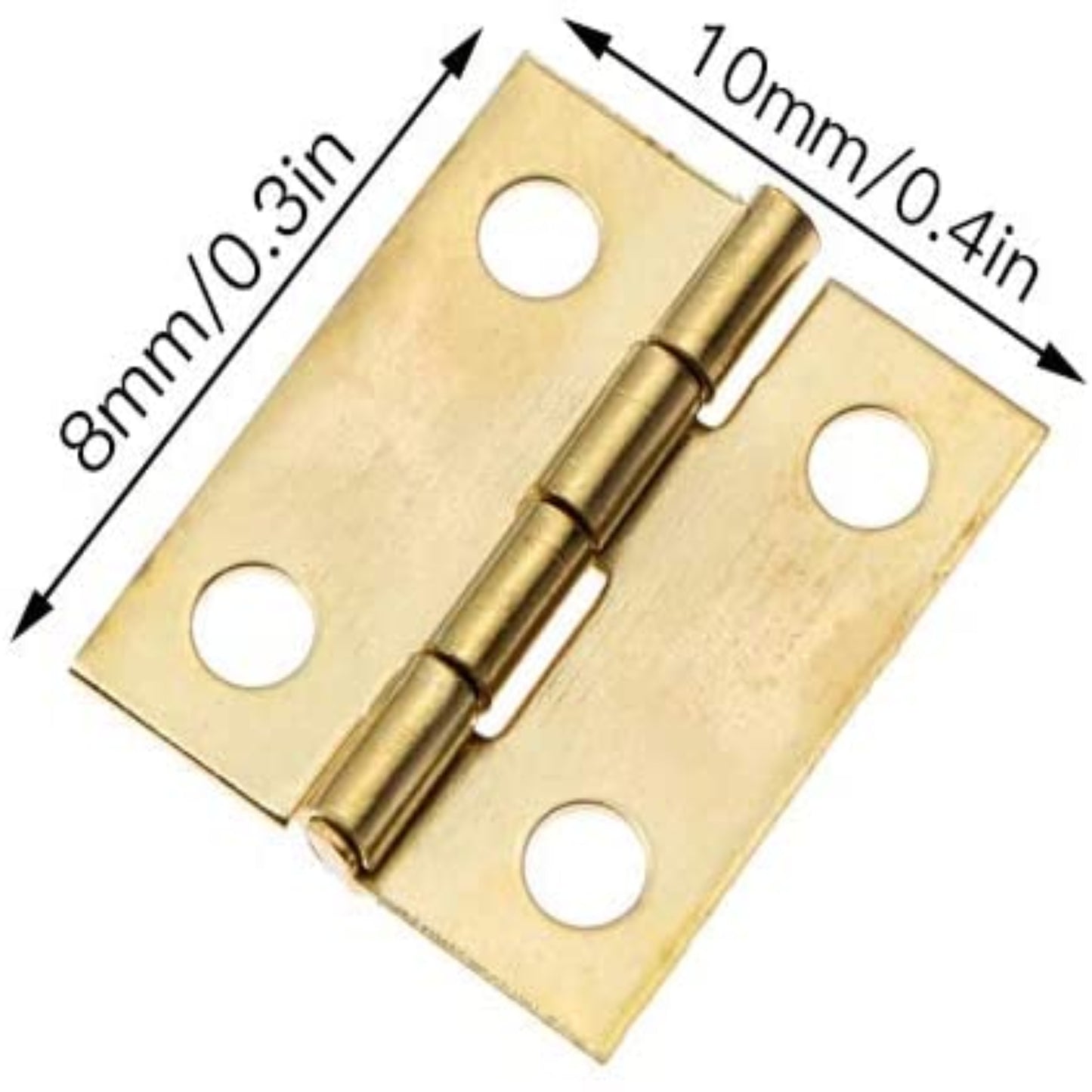 Mini hinge dimension diagram, showing 10mm (0.4 inches) length and 8mm (0.3 inches) width, with four drill holes for easy measurement.