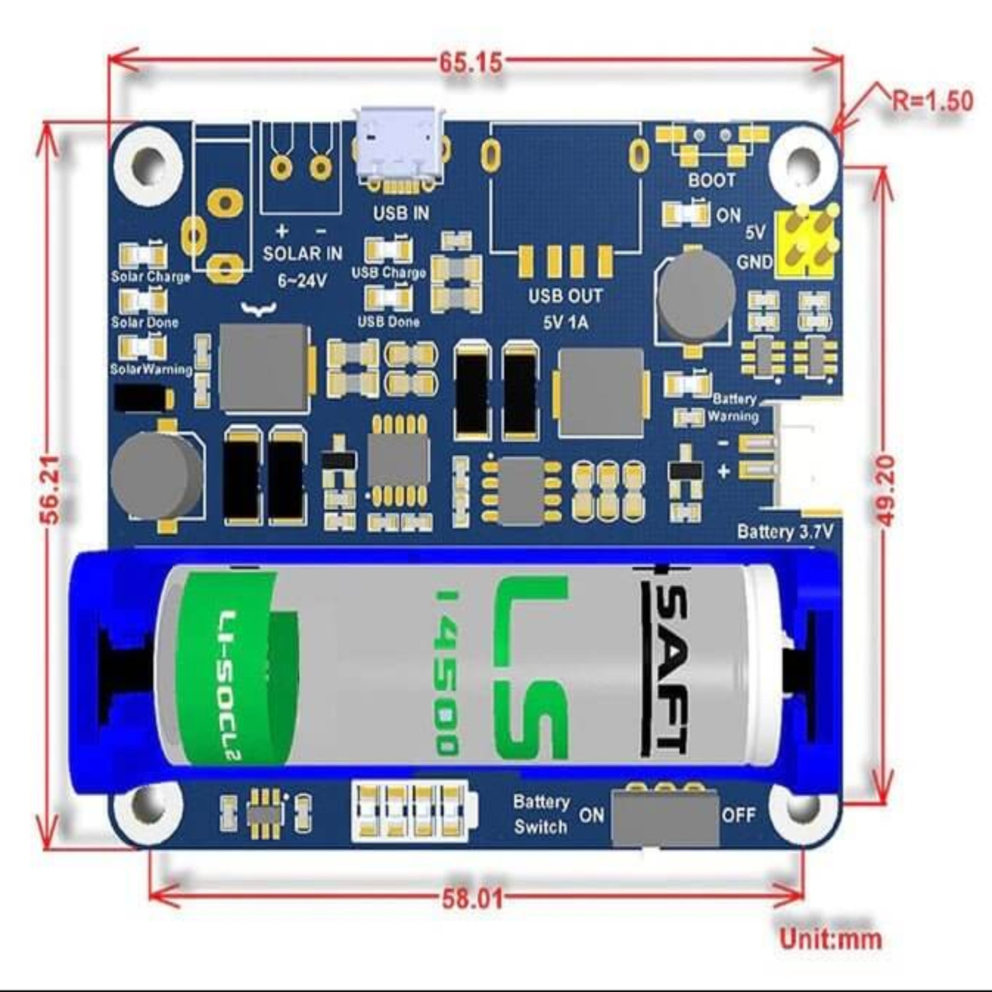 Dimensions (65.15 x 56.21 mm) of the MPPT solar charger board with 14500 Li-SOCL2 battery holder.