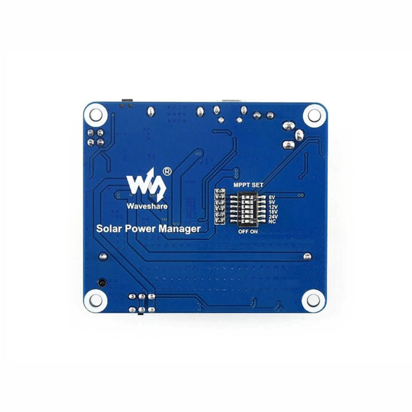 Back view of the MPPT solar charger board showing the MPPT SET DIP switch for 6V, 9V, 12V, 18V, 24V panels.