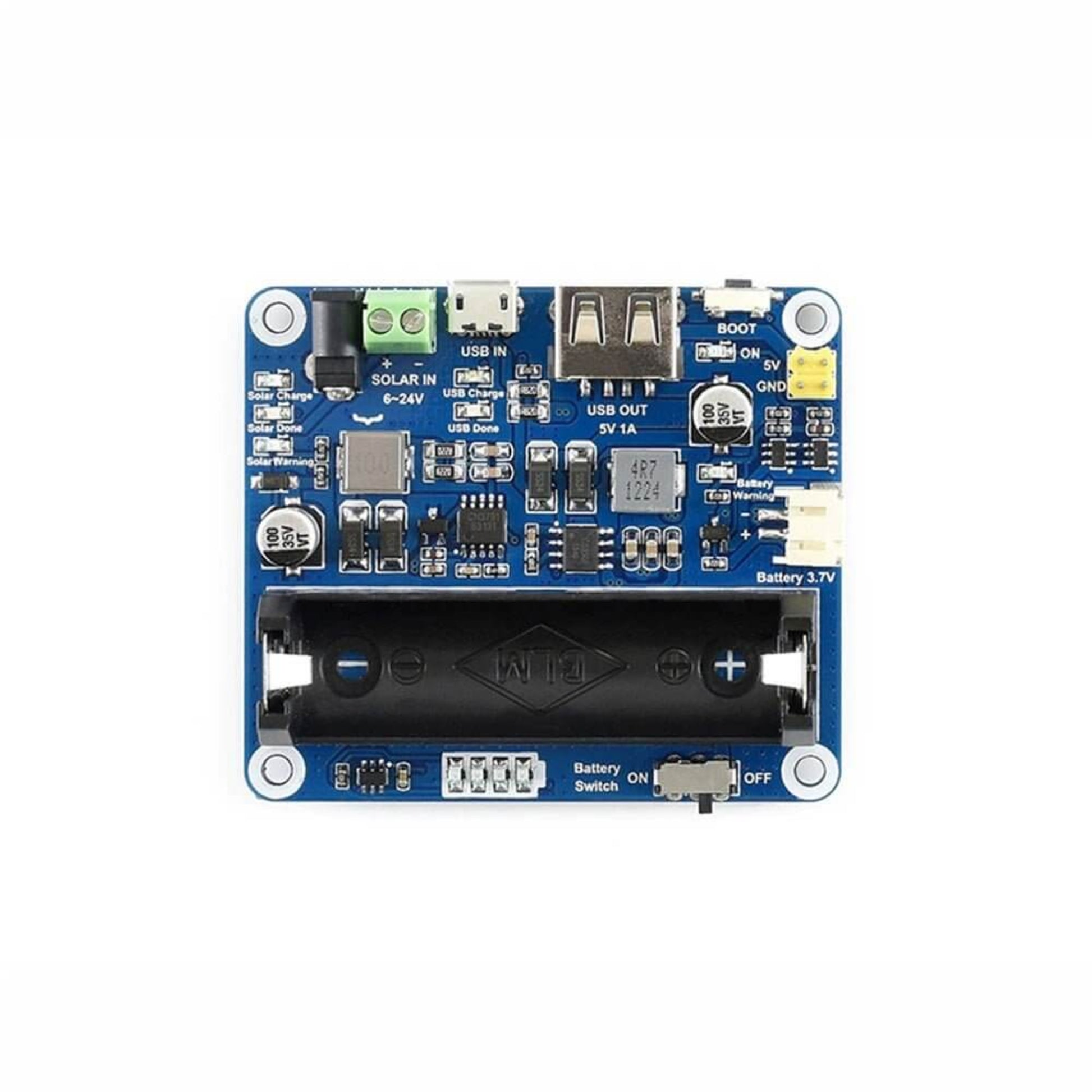 MPPT Solar Power Manager board, 3.7V Li-ion battery charger, USB-C/screw terminal input, USB output.