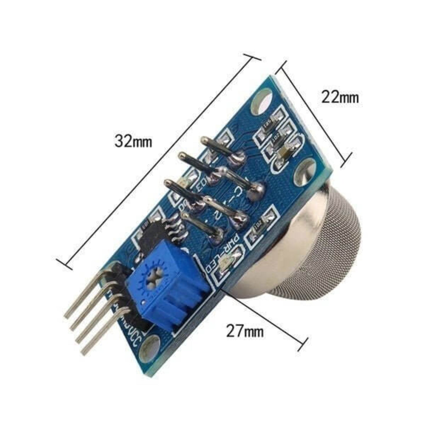MQ-2 gas sensor module for Arduino showing dimensions and components, designed for detecting combustible gases.