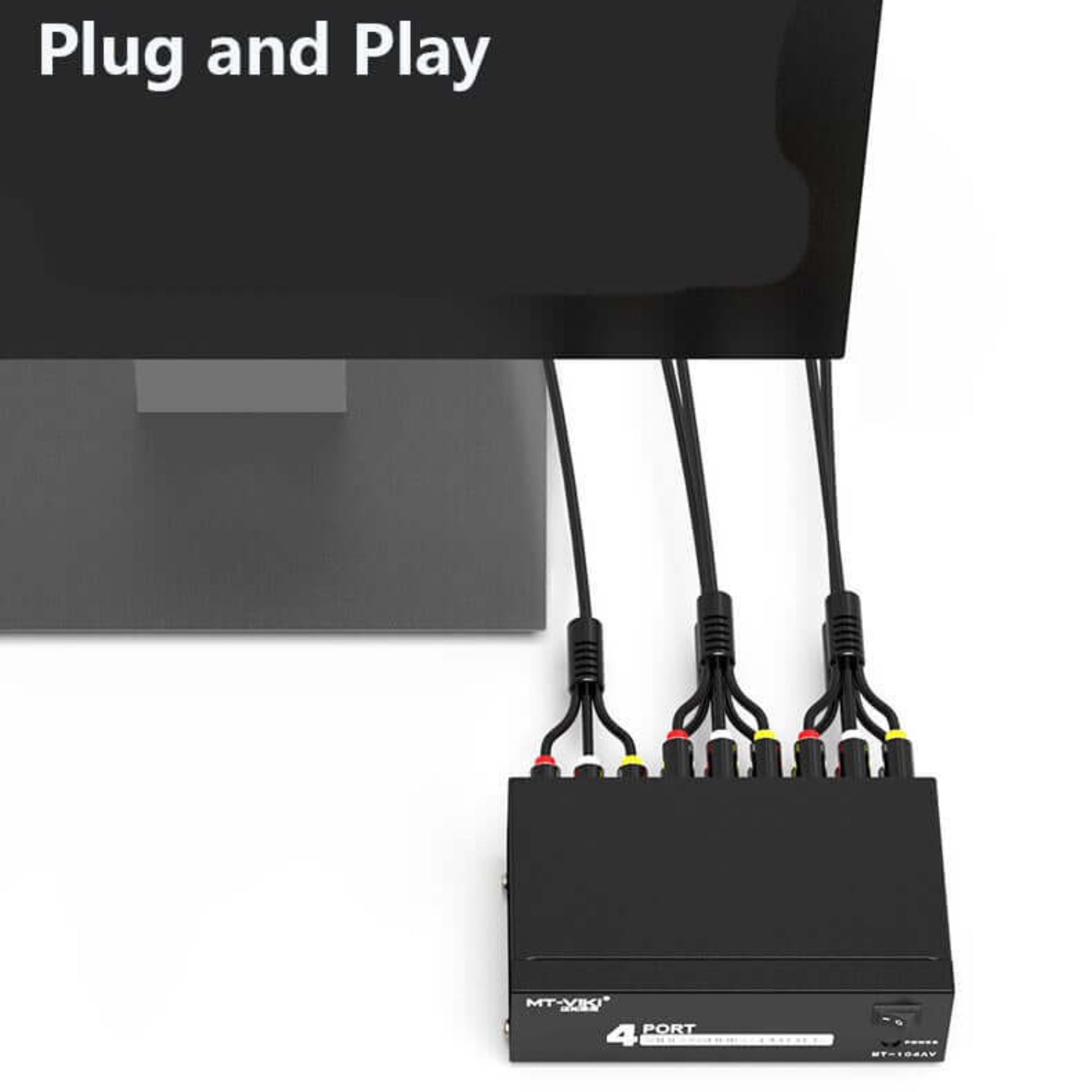 MT-VIKI AV splitter plug-and-play demonstration showing smooth, distortion-free video on a monitor.
