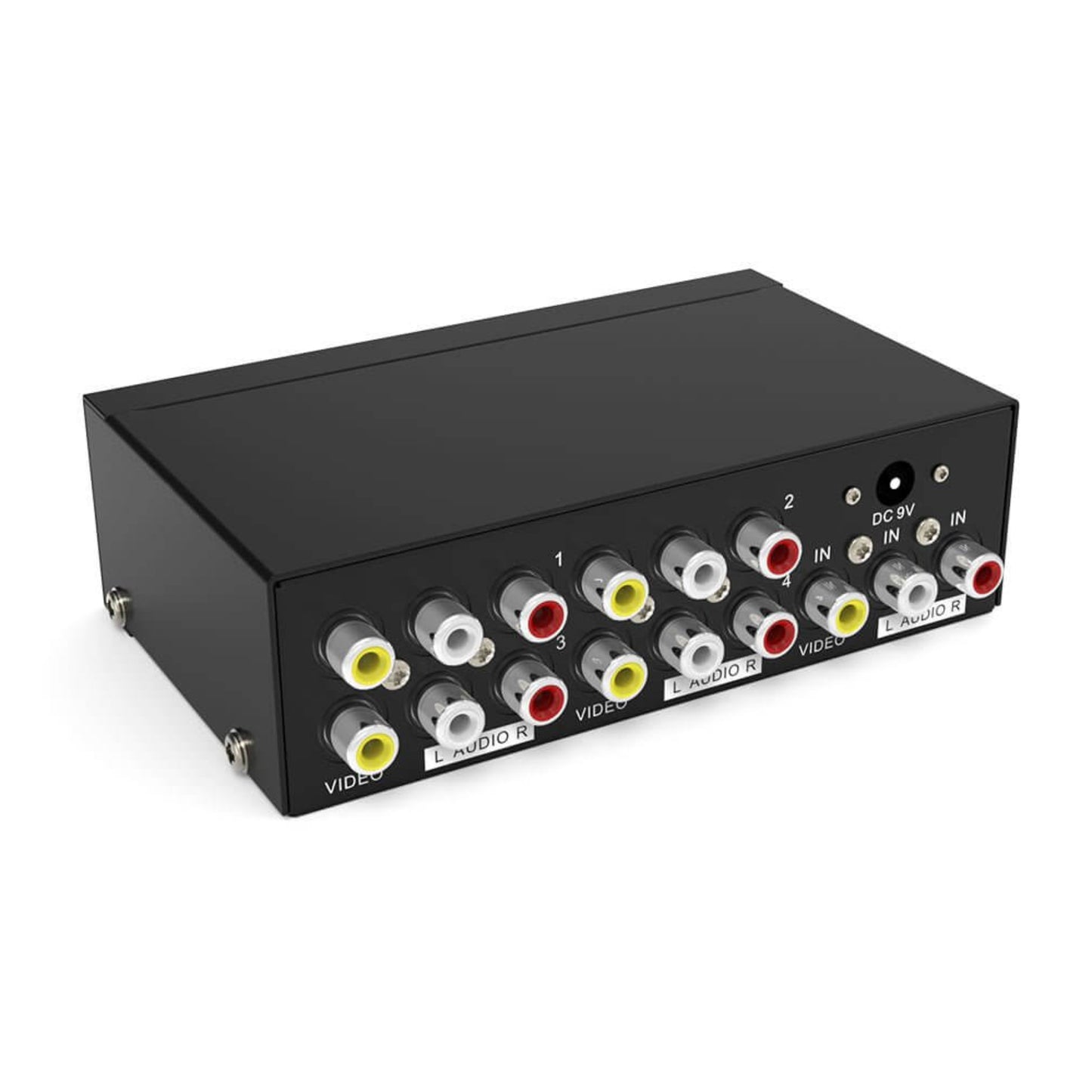 Rear view of MT-104AV showing 1 RCA input and 4 synchronized output ports with color-coded jacks.