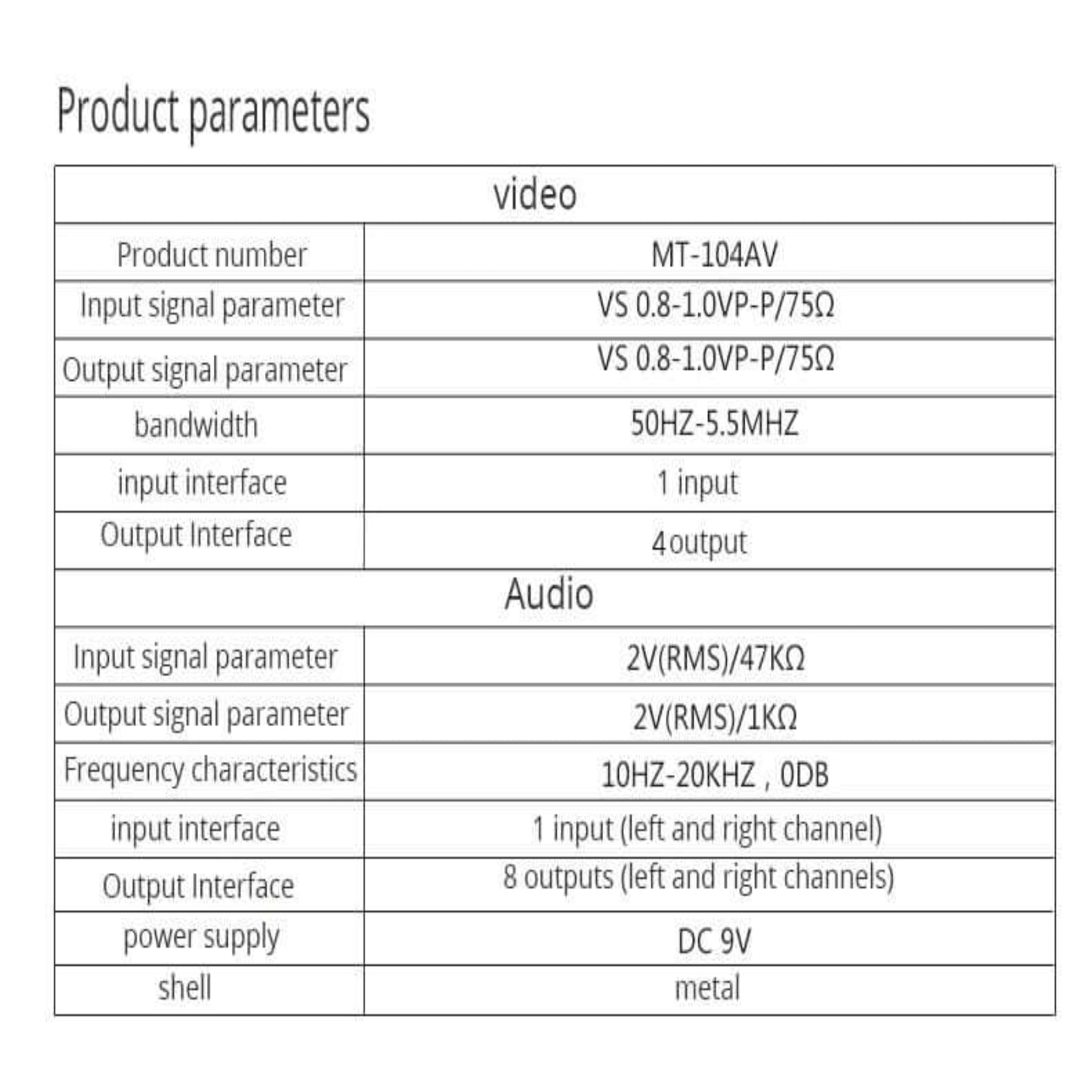 Technical specifications for MT-104AV: Supports 480P resolution, 5.5MHz bandwidth, and DC 9V power.